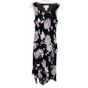 Vintage Y2K 90s Black & Purple Floral Midi Dress Asymmetrical Hem Fairy Size 10